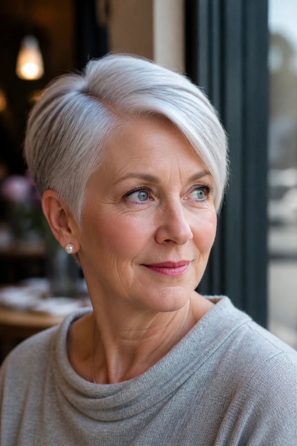 Close-up of a real woman with a deep side-part pixie showing diagonal crown part