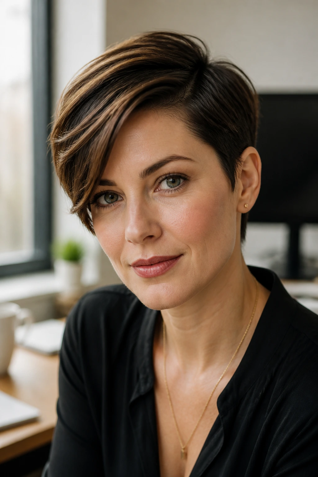 Portrait of a real woman with a deep side-part pixie in an office setting