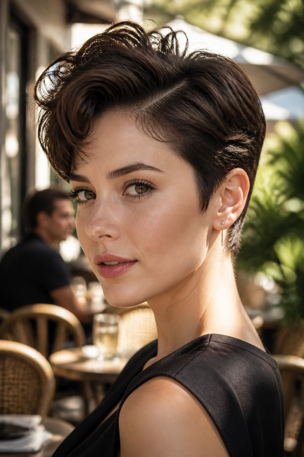 Close-up of a real person with a deep side-part pixie hairstyle in warm light