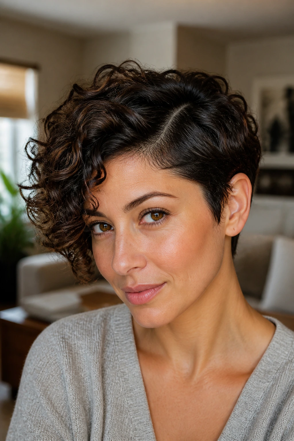 Close-up of a real woman with a deep side-part pixie, one side behind the ear
