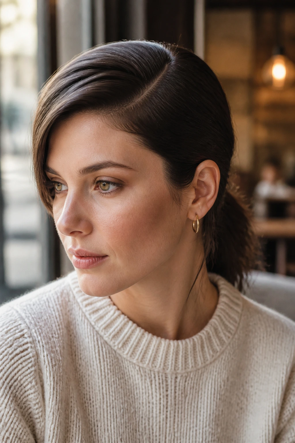 Deep Side-Part Pony: close-up with a dramatic deep part and low pony