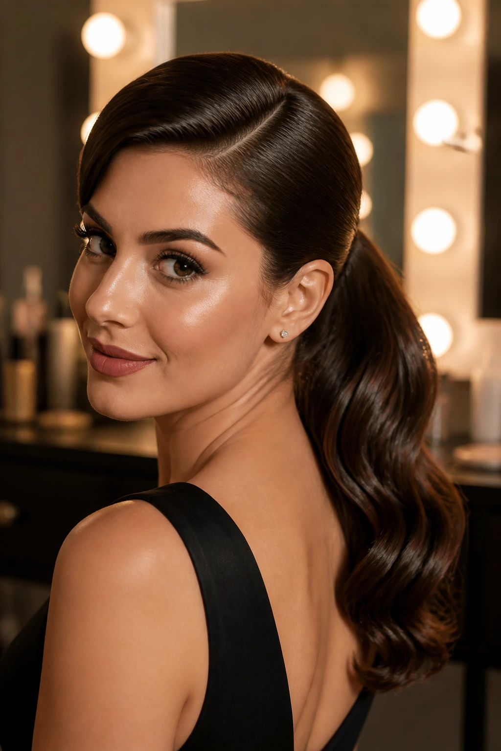 Close-up of a woman with a deep side-part and Hollywood pony behind one ear