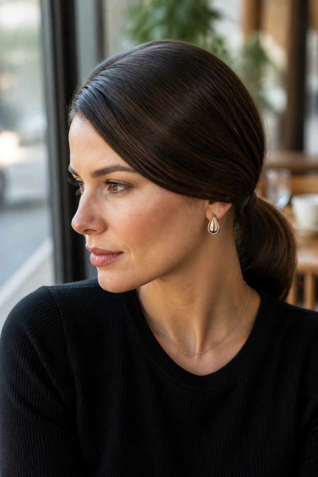 Close-up of a woman with a deep side-part and soft sweep in a low ponytail.