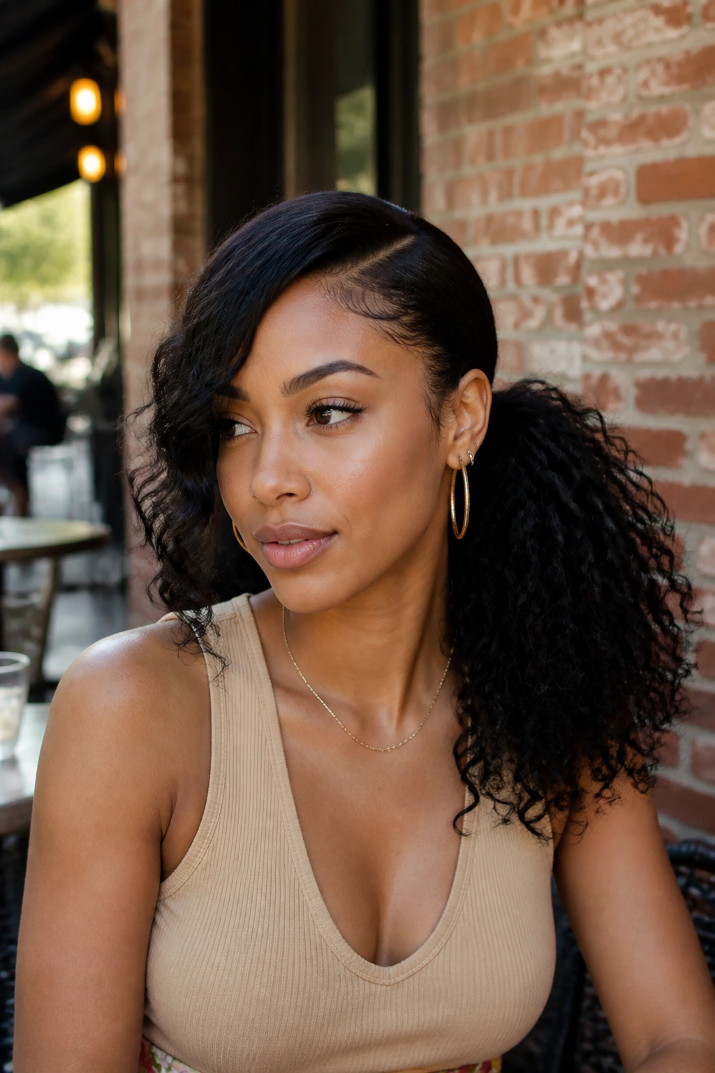 Portrait of a real woman with a deep side-part ponytail