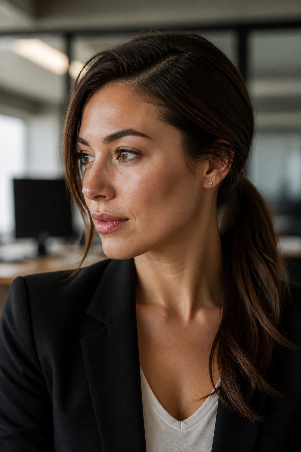 Portrait of a woman with a deep side-part low ponytail in a work setting