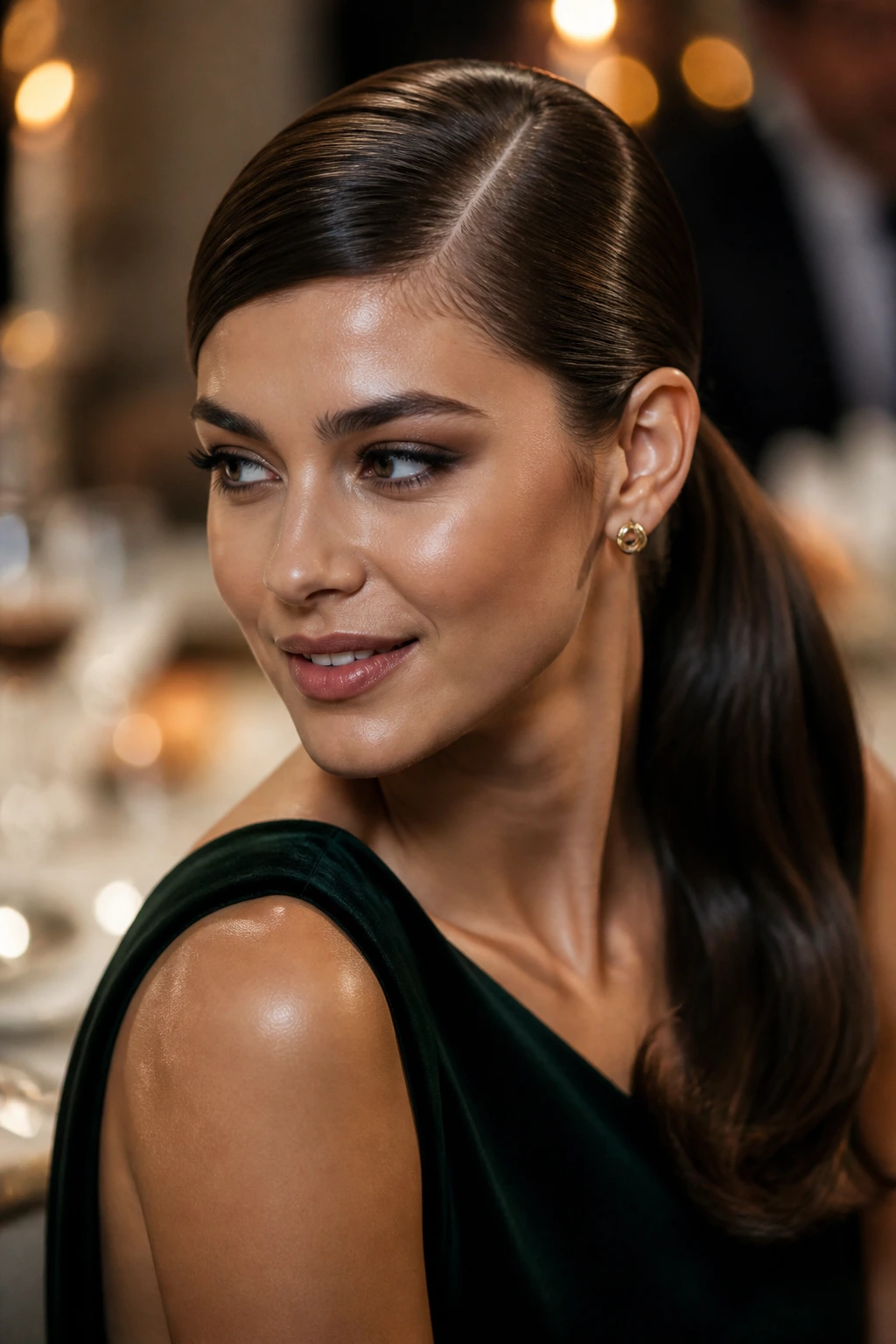 Close-up of a real woman with a deep side-part ponytail in candlelit setting