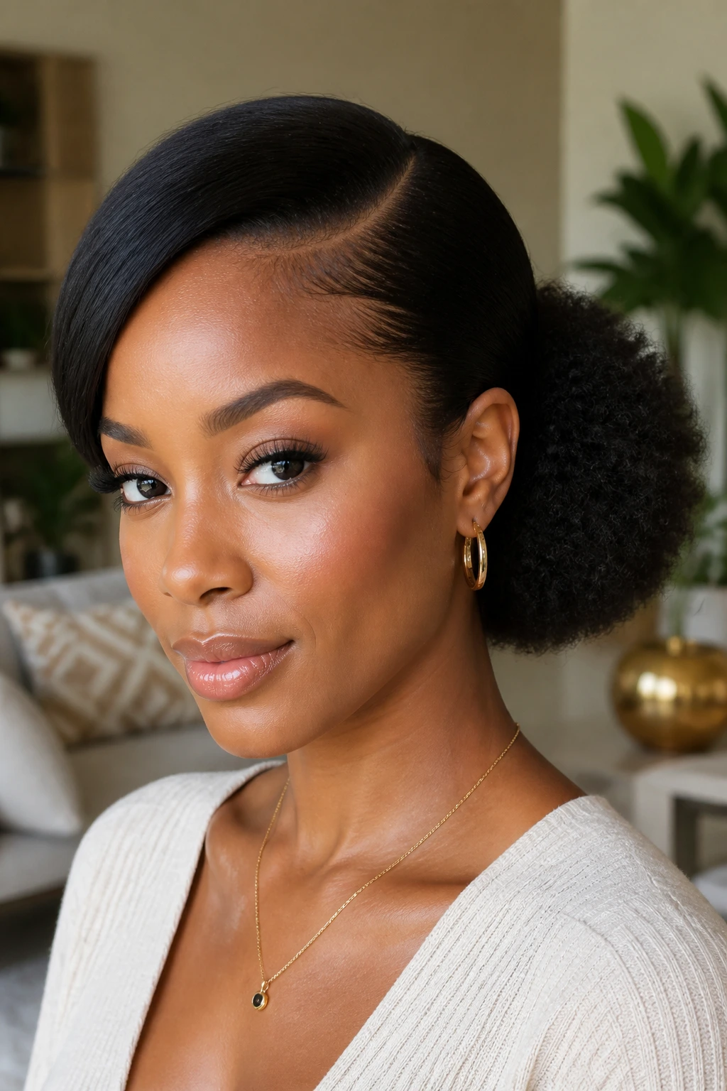 Portrait of a person with a deep side-part puff