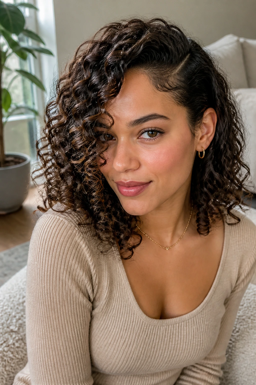 Close-up of a real person with a deep side-part and ringlet curls swept to the side