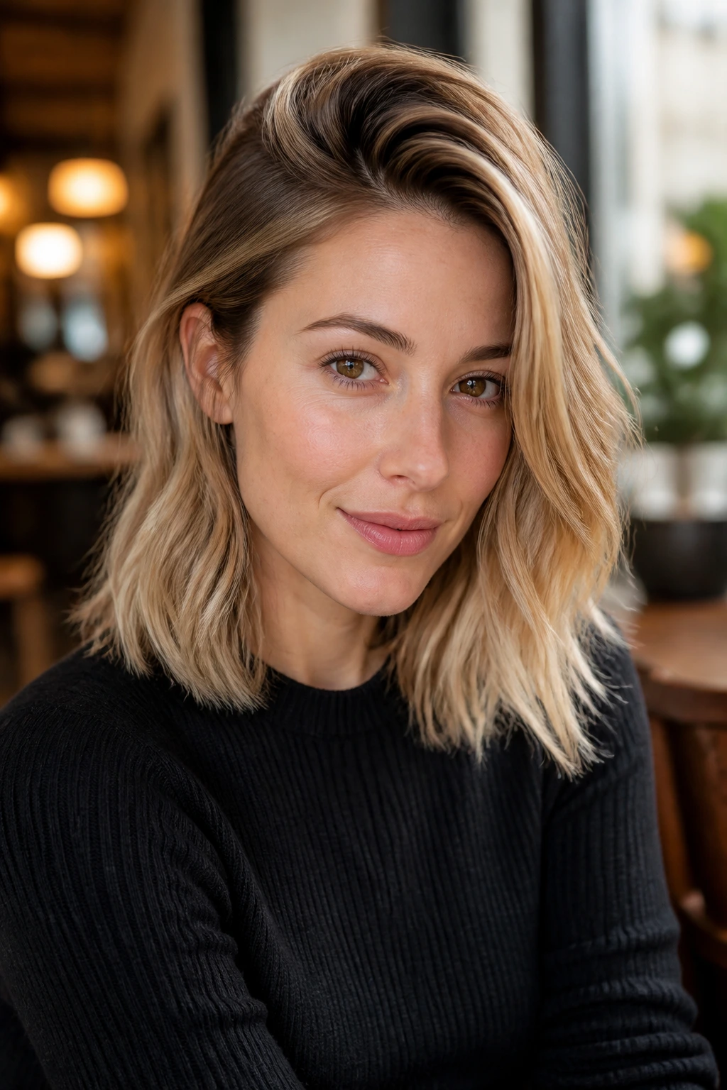 Deep side part with root lift on shoulder-length hair