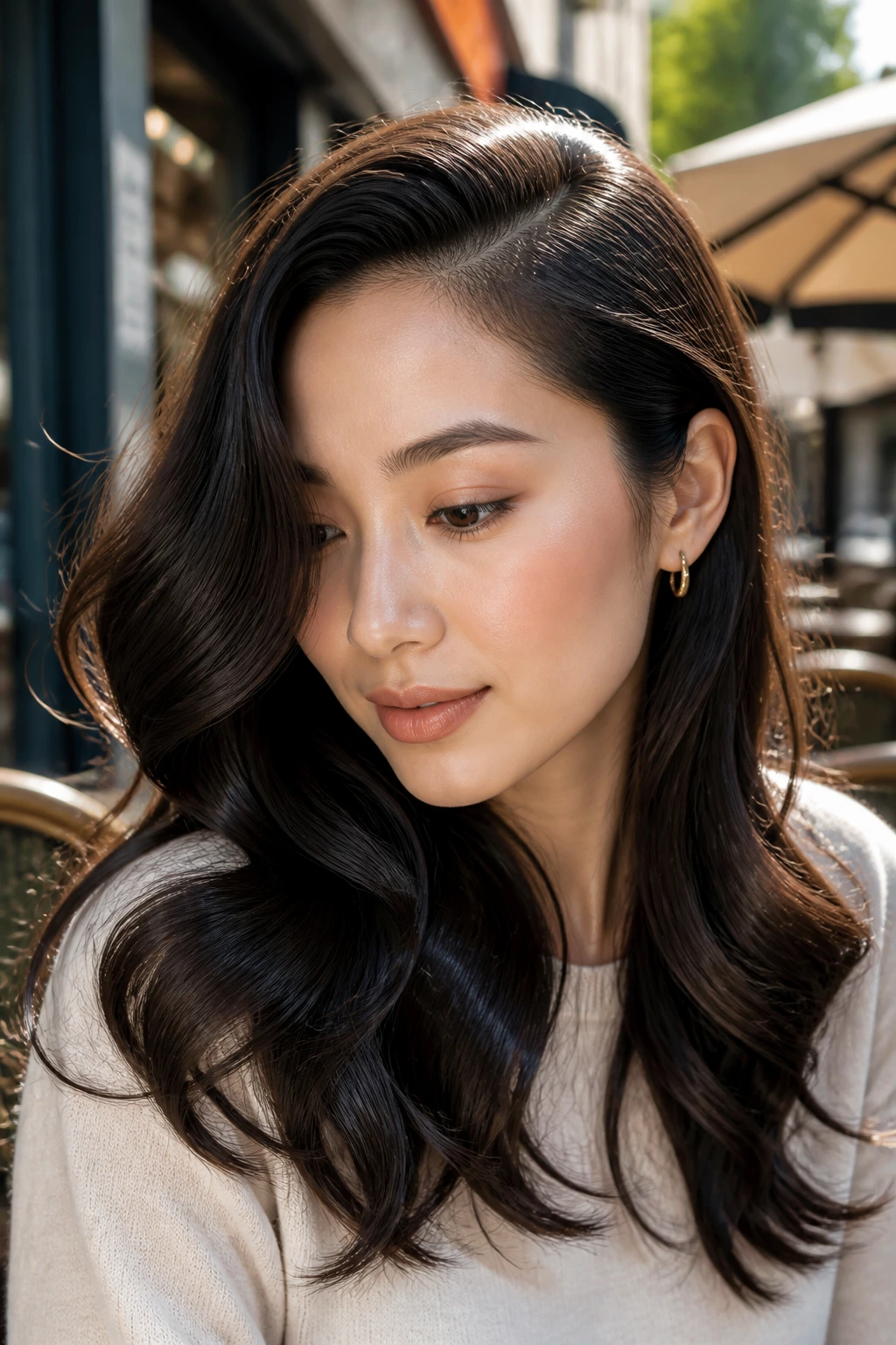 Close-up portrait of a person with a deep side part and S-waves in daylight