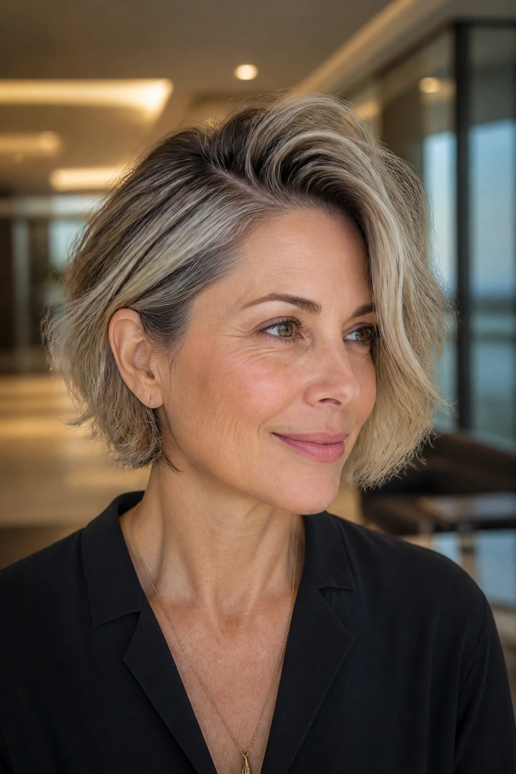Portrait of a real woman with a deep side part and root lift in a sculpted bob