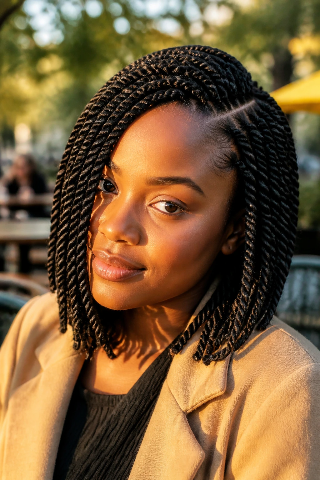 Deep side-part Senegalese twists close-up portrait.