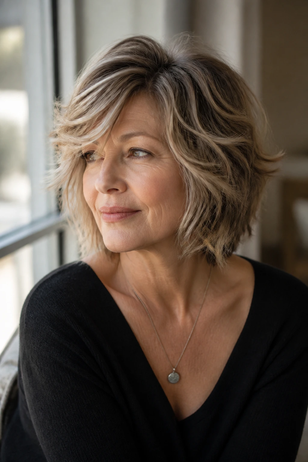 Portrait of a real woman with a deep side-part shag and layered front