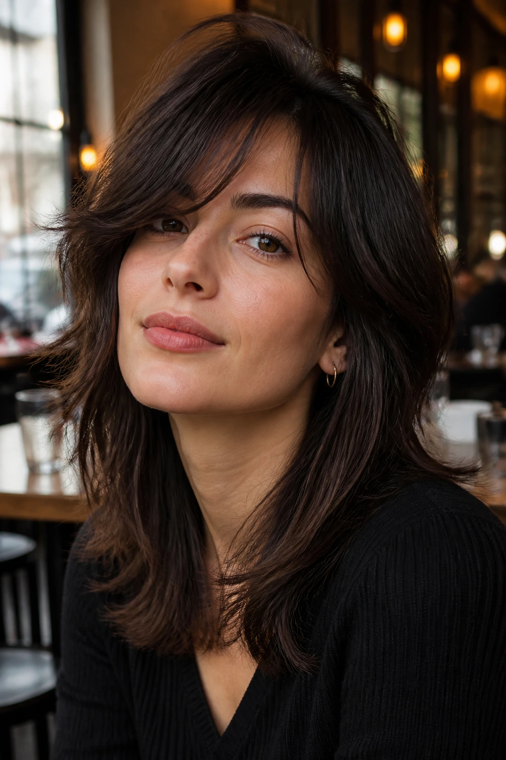 Close-up of a woman with deep side-parted shag and sweeping bangs in cafe light