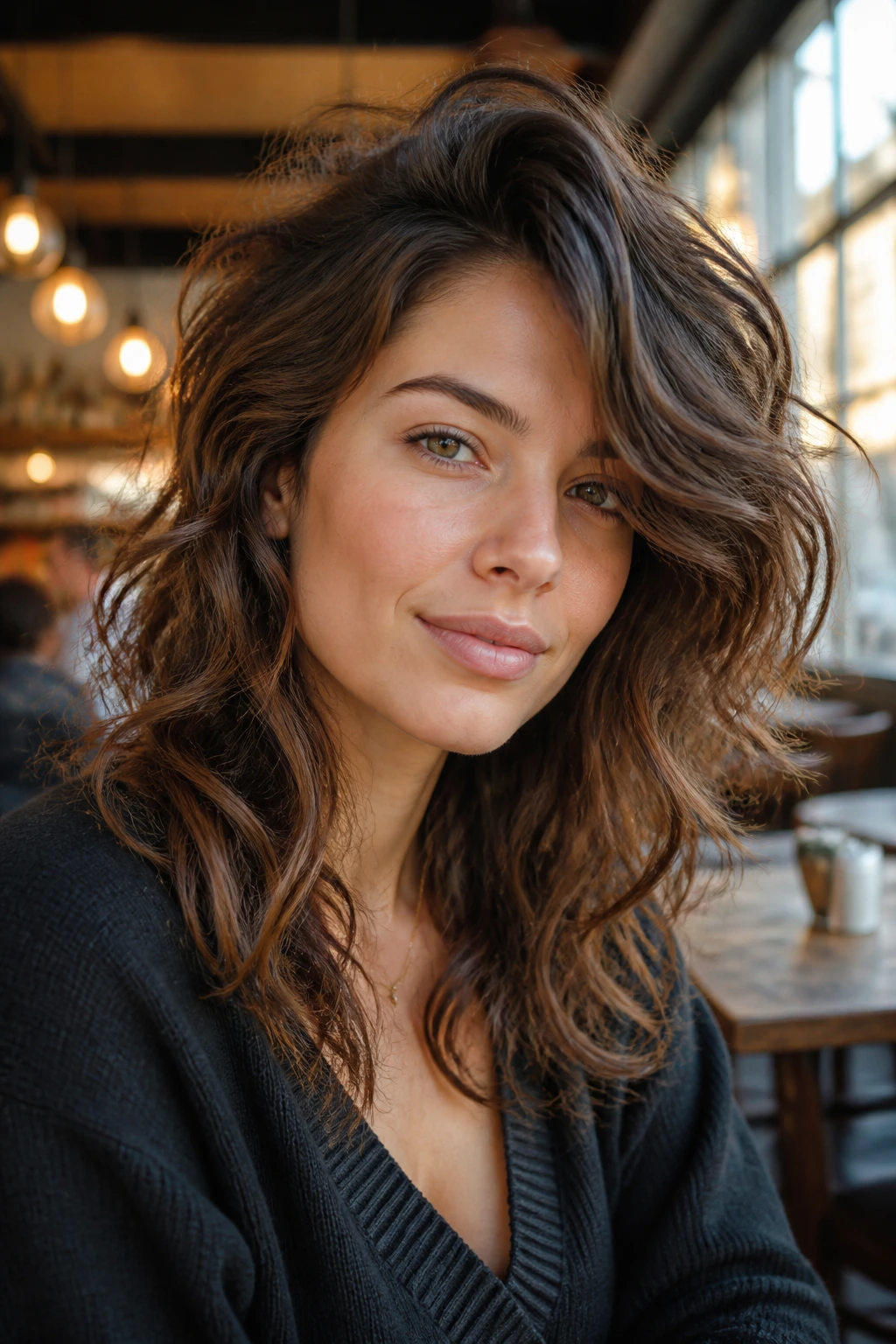 Medium close-up of a real woman with a deep side-part sweep shag in a coffee shop