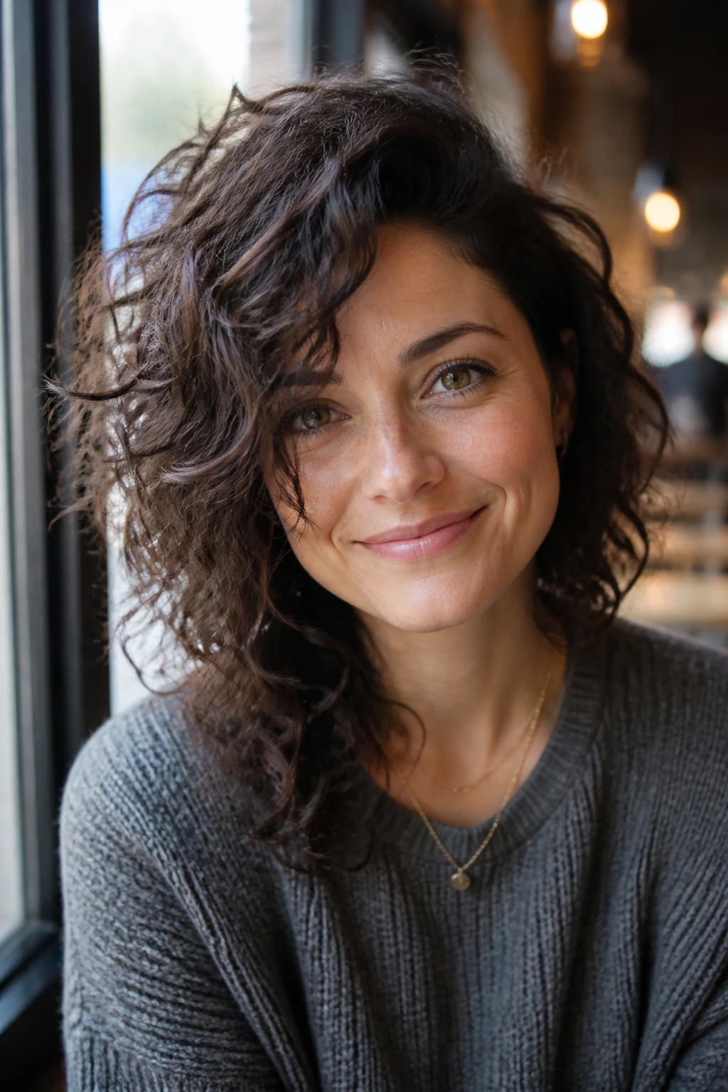 Close-up portrait of real woman with deep side-part shag