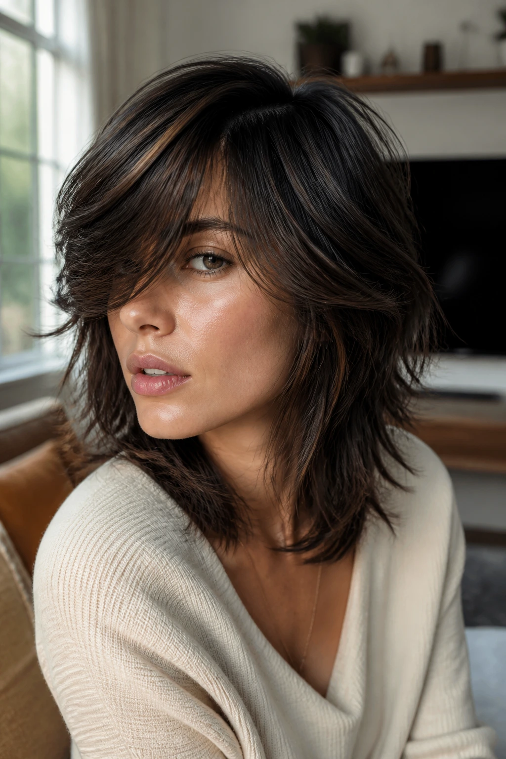 Portrait of woman with deep side-part shag fringe across eye