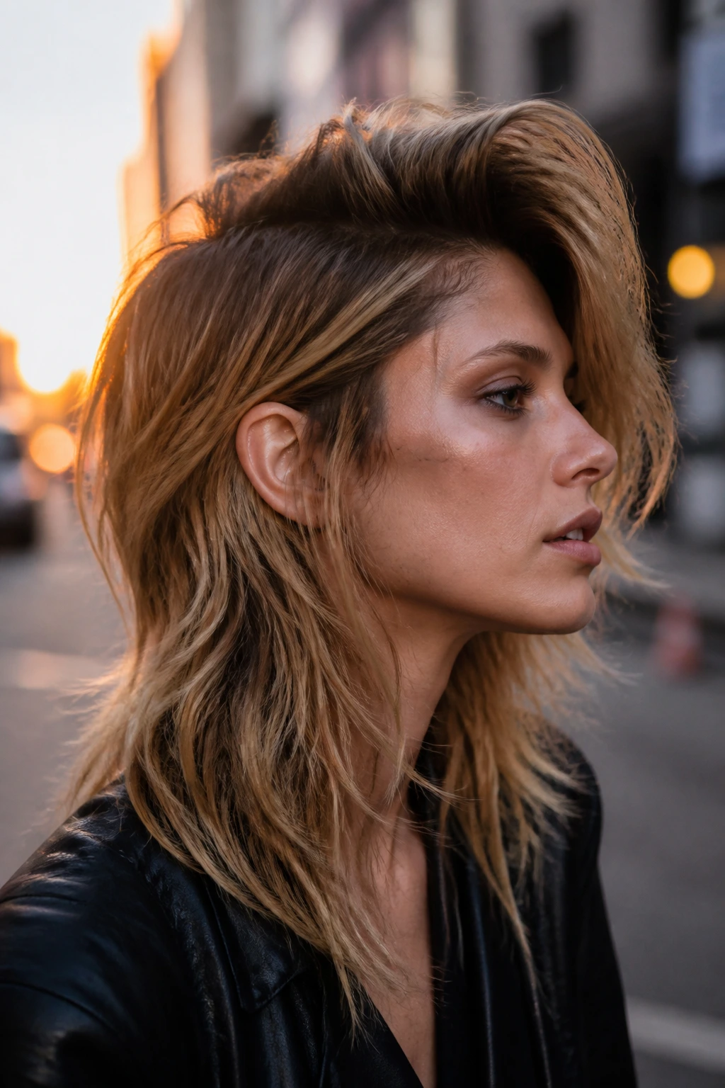 Close-up portrait of a real person with a deep side-part rocker shag