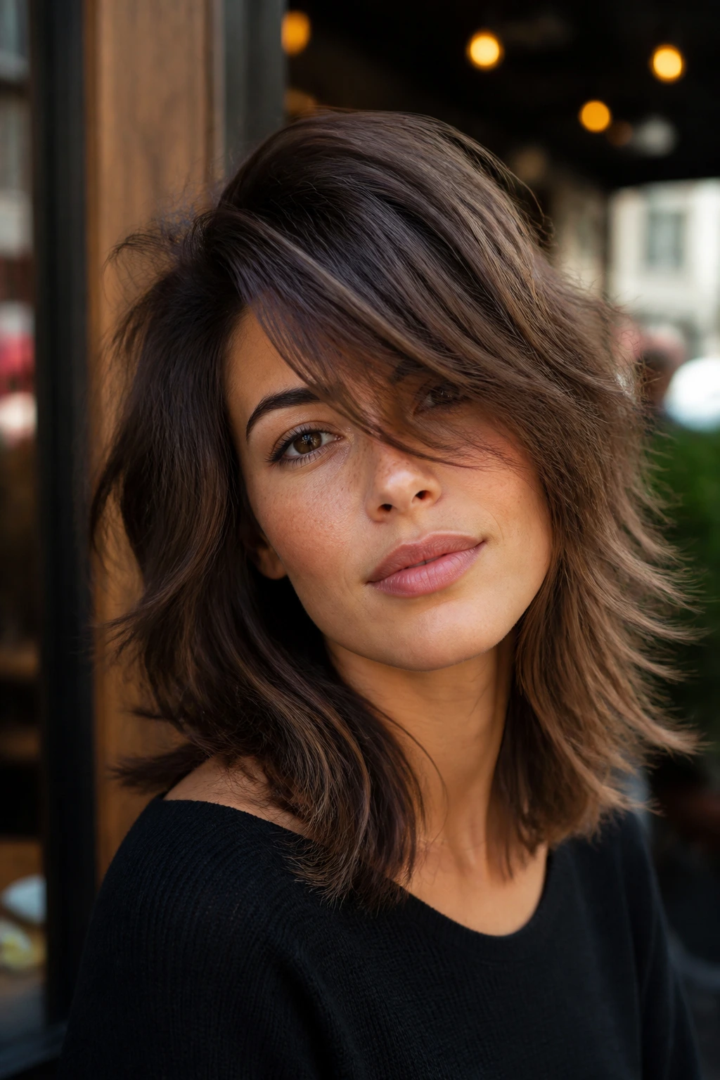 Close-up of a real person with a deep side-part shag hairstyle and movement