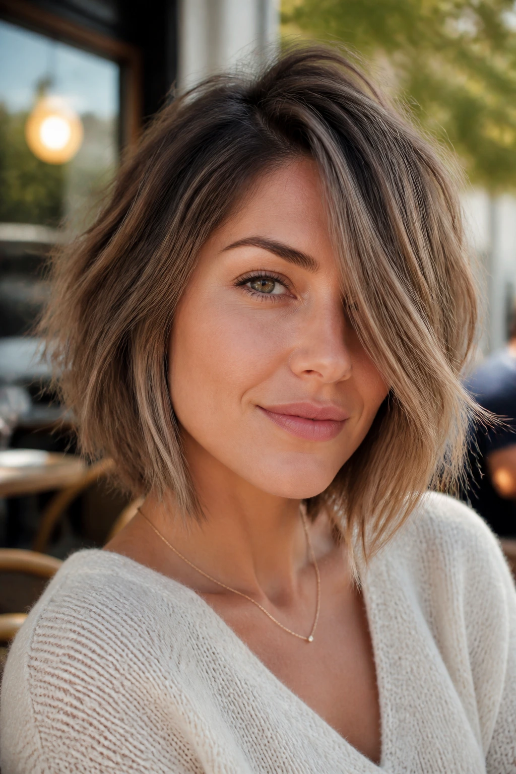 Close-up of a real woman with deep side-part shag bob and lifted root in natural cafe light