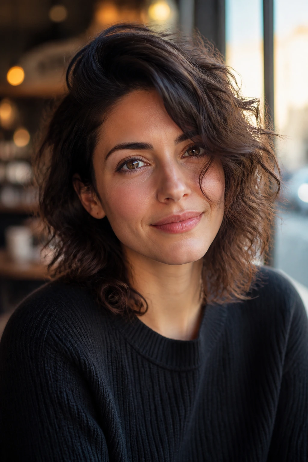 Portrait of real woman with deep side-part shag