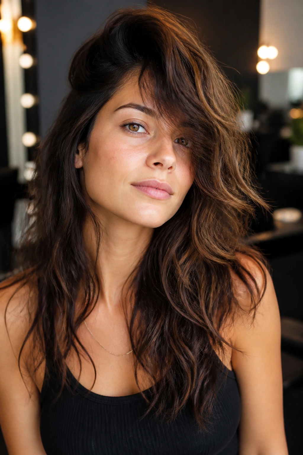 Close-up of a real person with deep side-part shag and dramatic layers