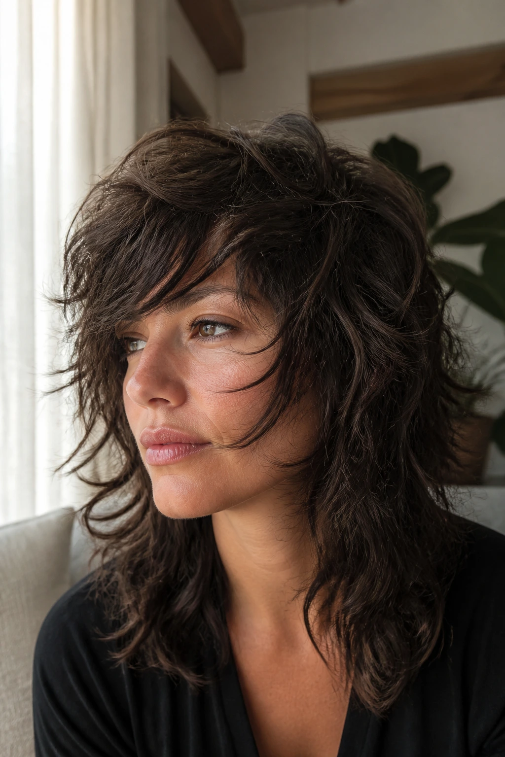 Close-up portrait of a real woman with Deep Side-Part Shag and floating bangs by cheekbone