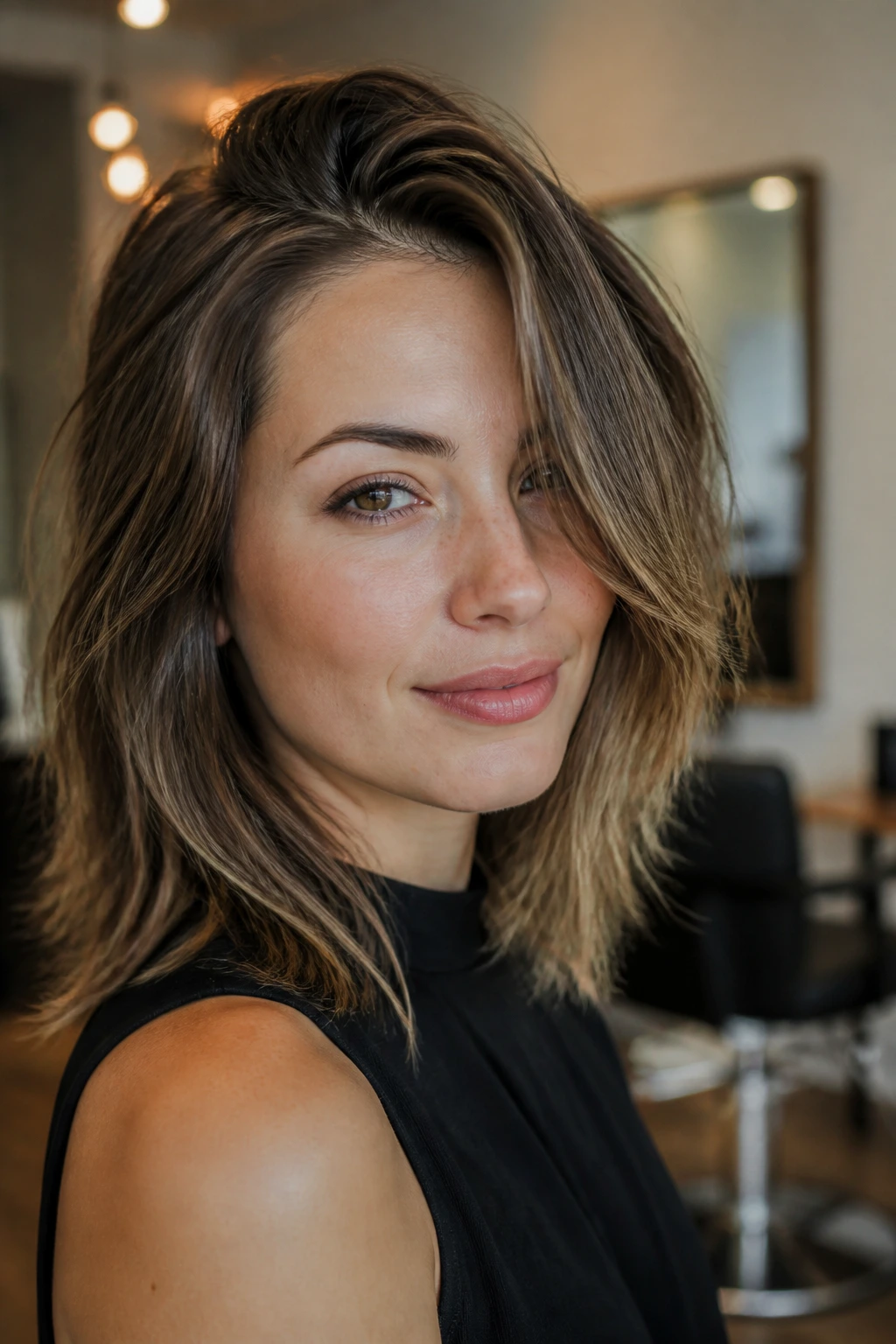Close-up of a real woman with a deep side-part and swept front section