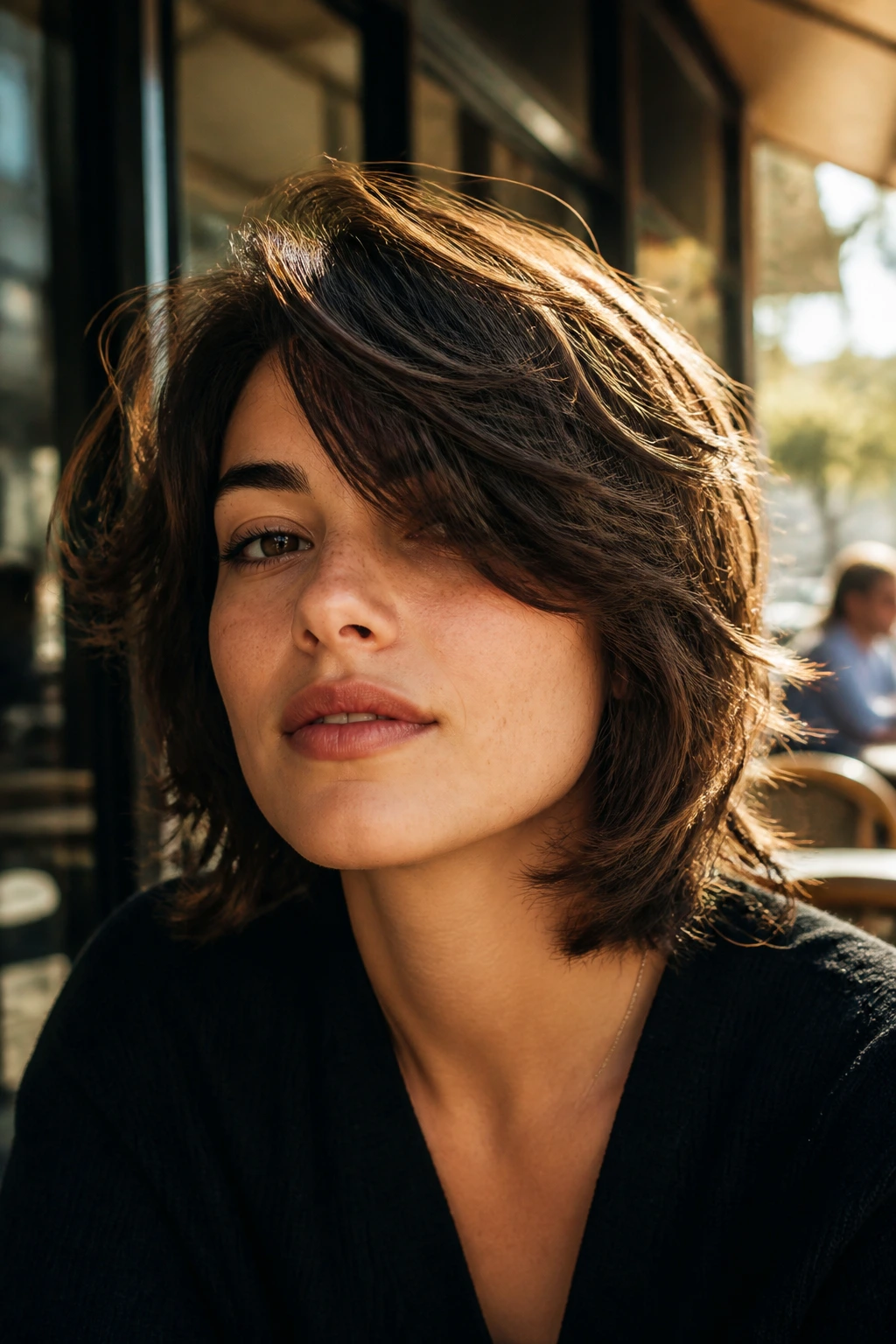 Real woman portrait with deep side-part shag and long bang sweep in street cafe light