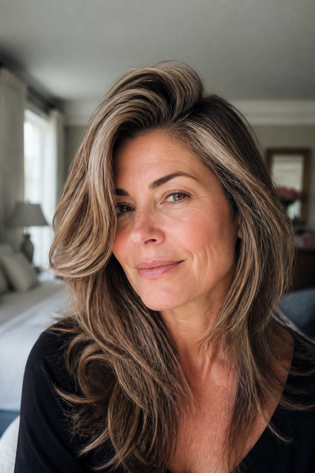Close-up portrait of a woman with a deep side-part shag and crown lift