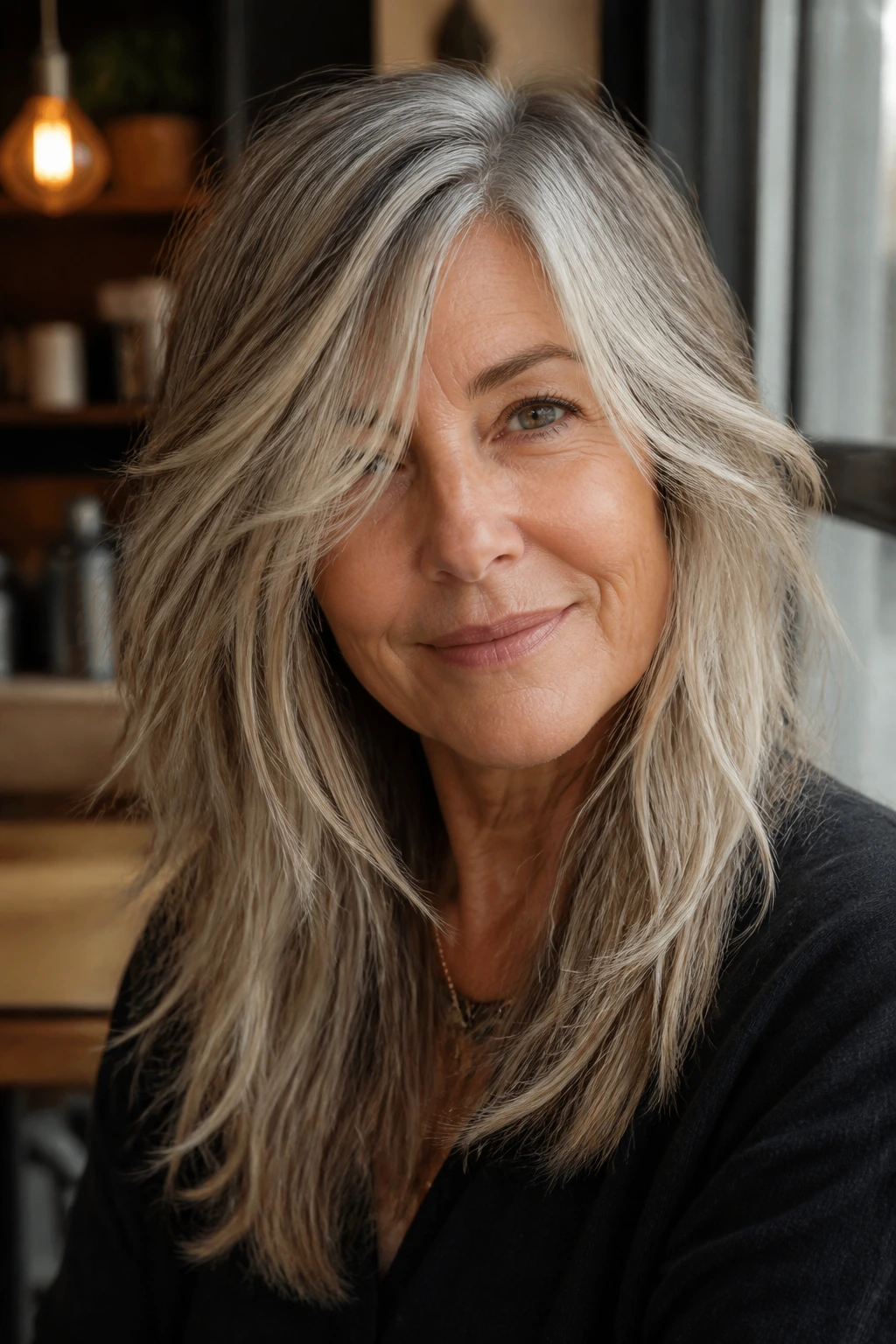 Portrait of a woman with a deep side-part piecey shag showcasing asymmetrical lift.