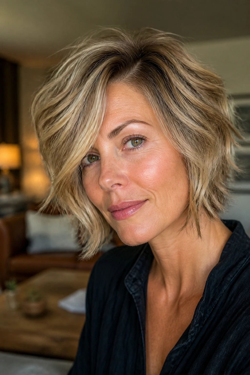 Close-up of a real person with a deep side-part shag and swept fringe