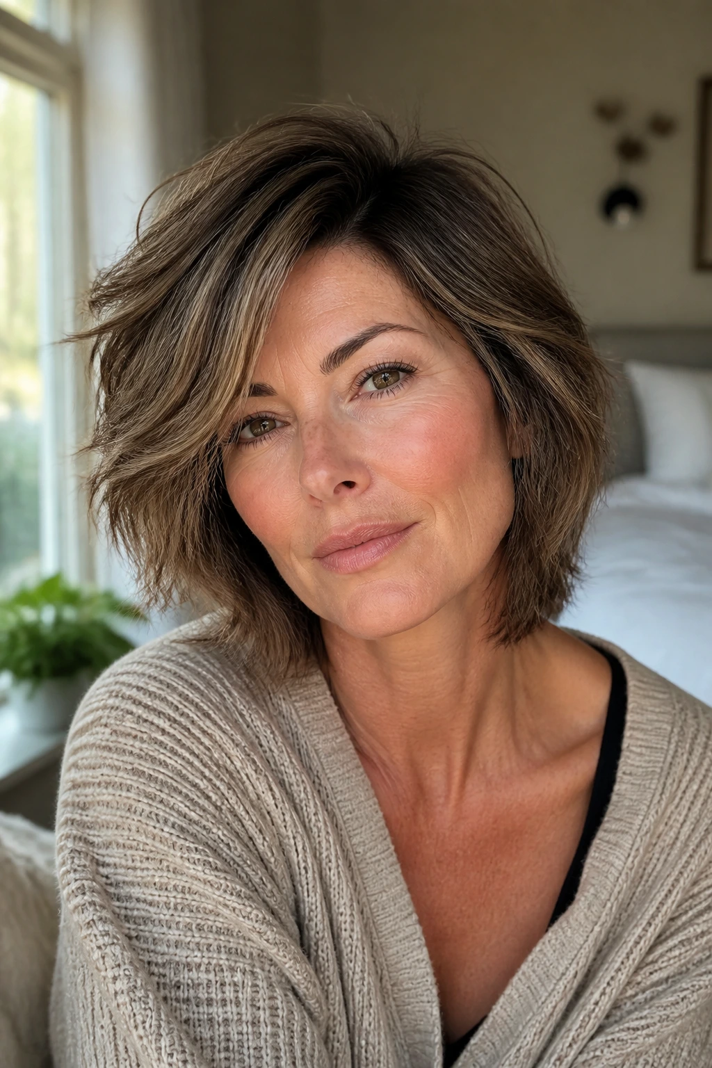 Close-up portrait of a real woman with a deep side-part shag on square-face profile, warm window light.