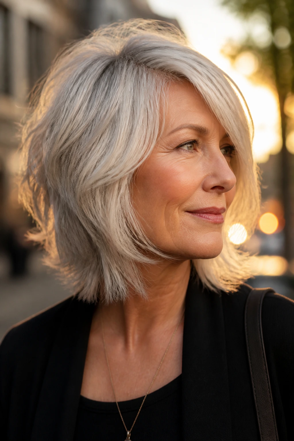 Close-up portrait of a real woman with a deep side-part shag on a city street at golden hour