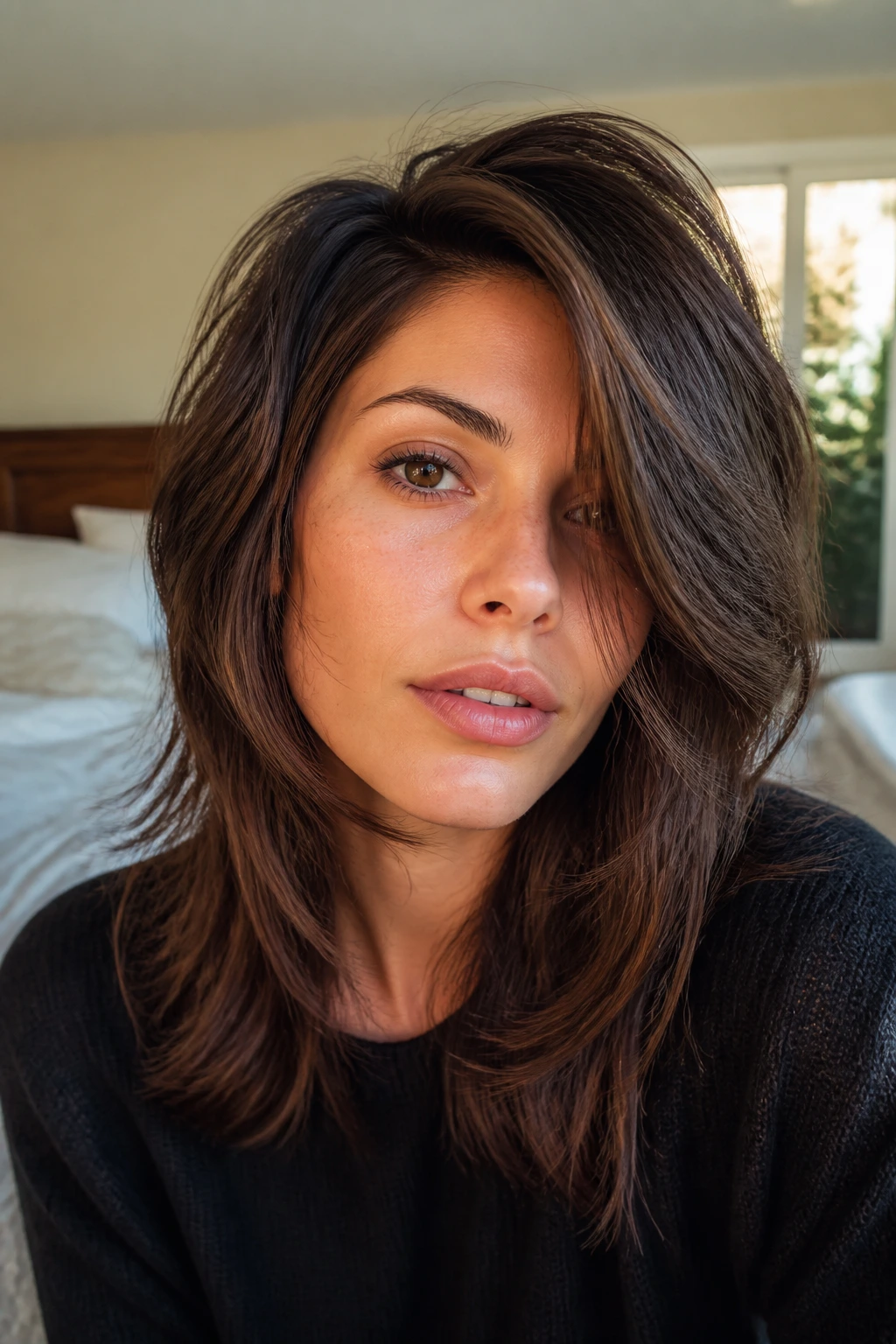 Close-up of a real woman's hair with a deep side-part shag in warm window light