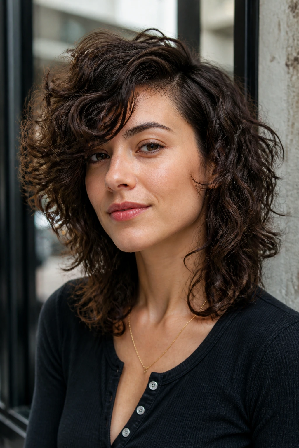 Close-up portrait of a real woman with deep side-part shag.