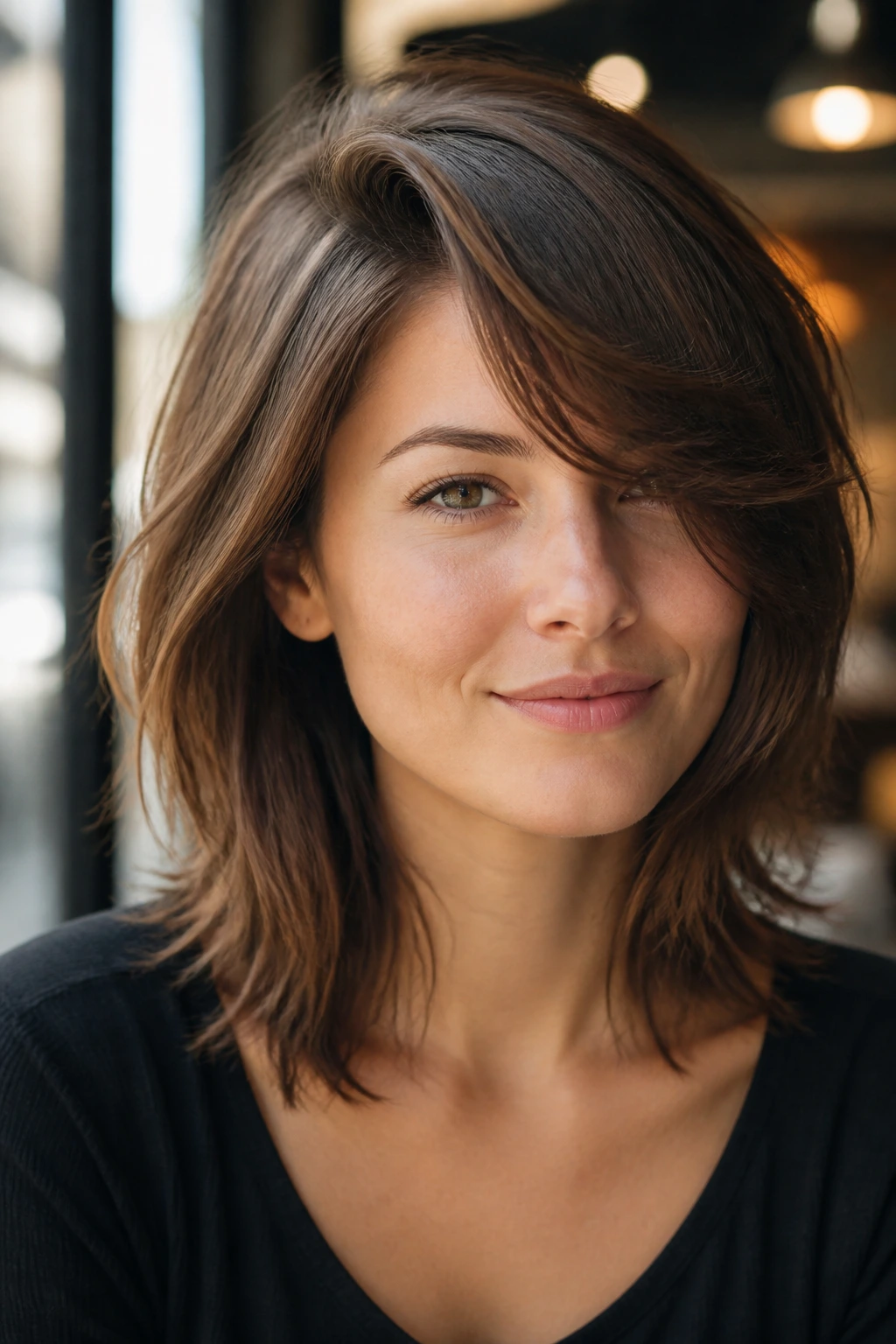 Close-up portrait of real woman with deep side-part shag and swoopy bangs