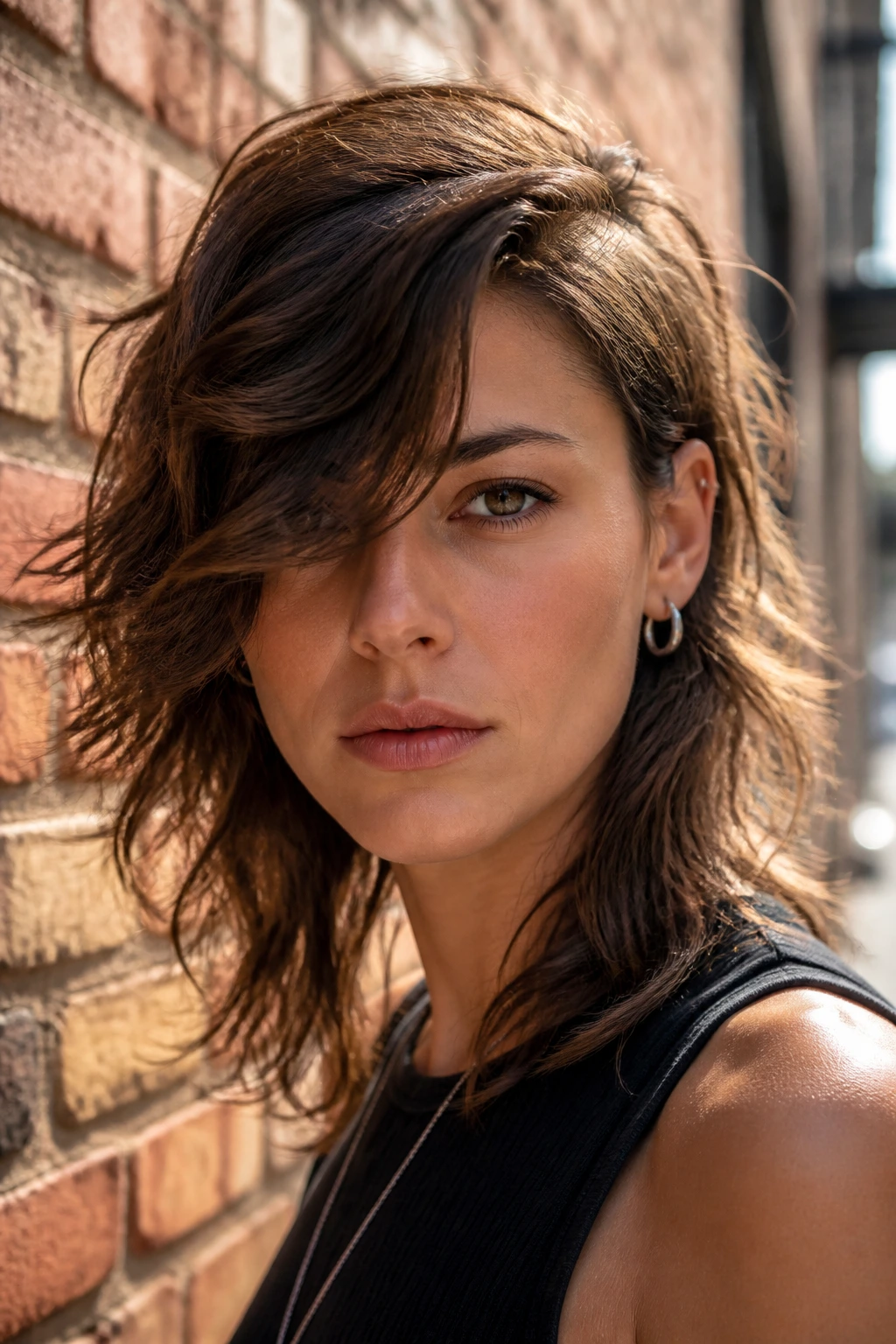 Portrait of a real person with a deep side-part shag on an urban street.