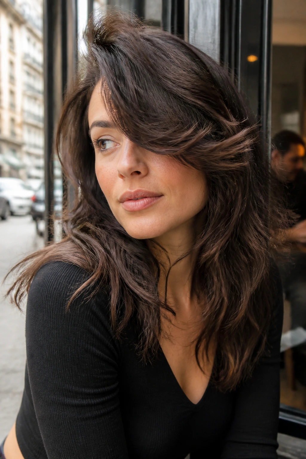 Close-up portrait of a real woman with a deep side-part Italian shag.