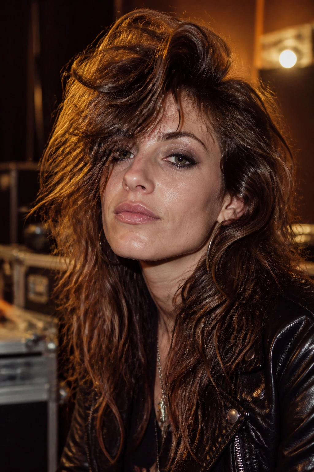 Close-up portrait of a real woman with a Deep Side-Part Rocker Shag featuring a dramatic deep side part and cheek-length layers.