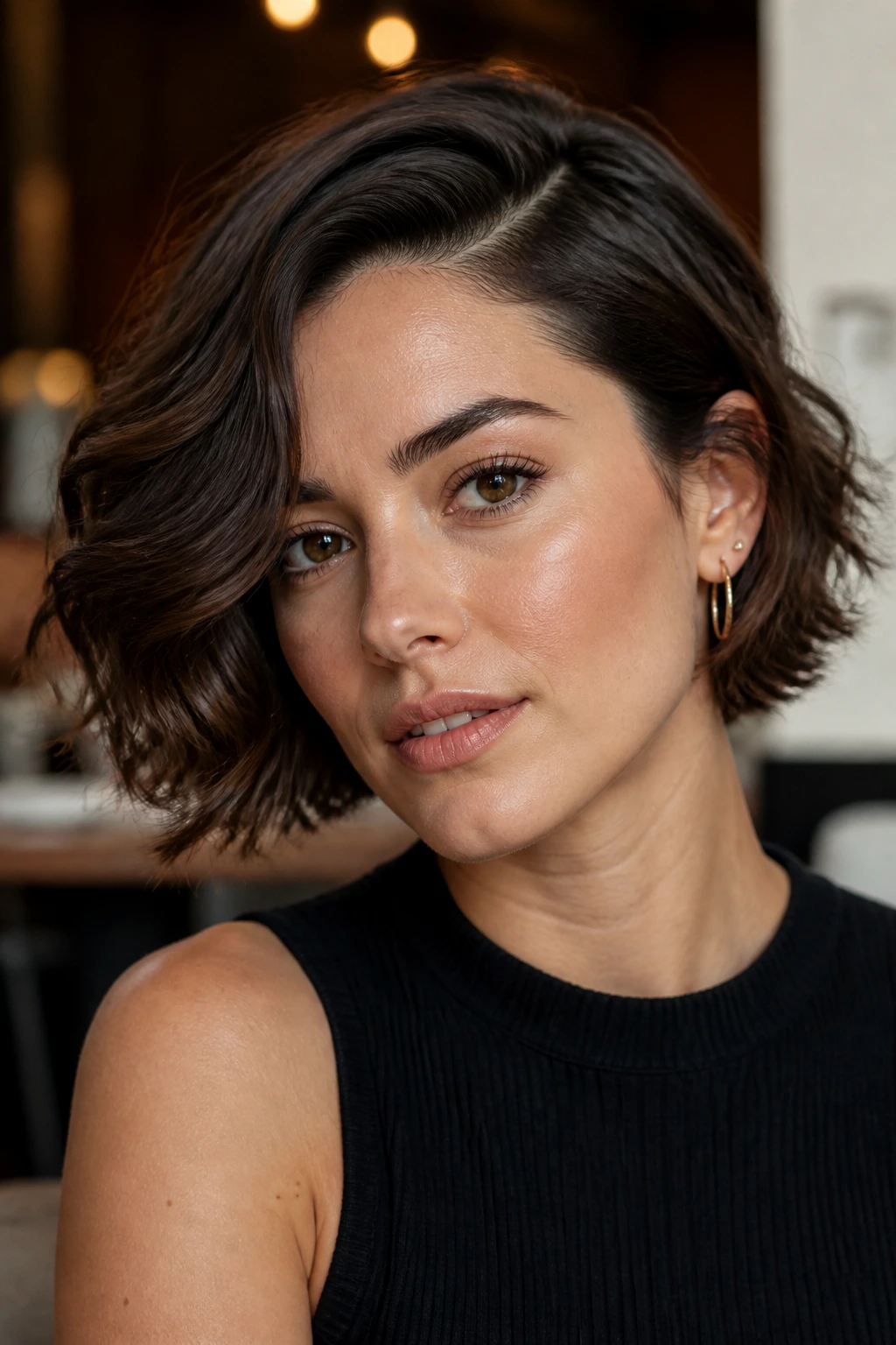Portrait of a woman with a deep side-part and short waves hairstyle
