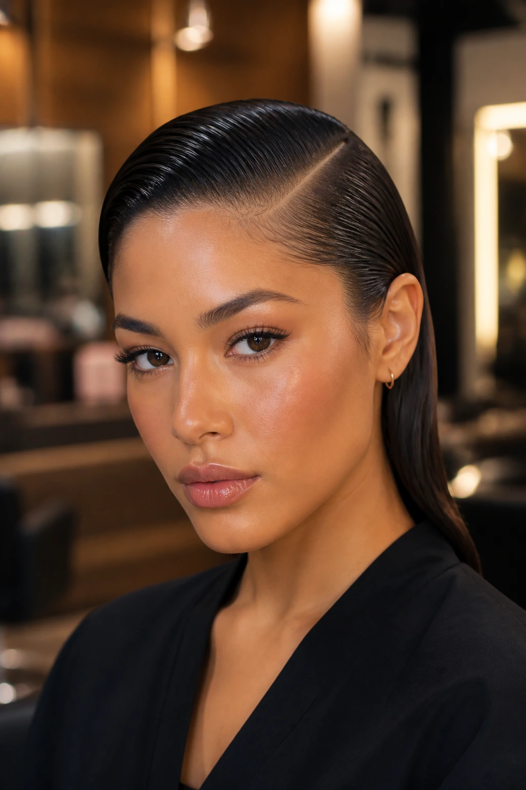 Close-up of a real woman with a deep side-part slicked-back wet hairstyle.
