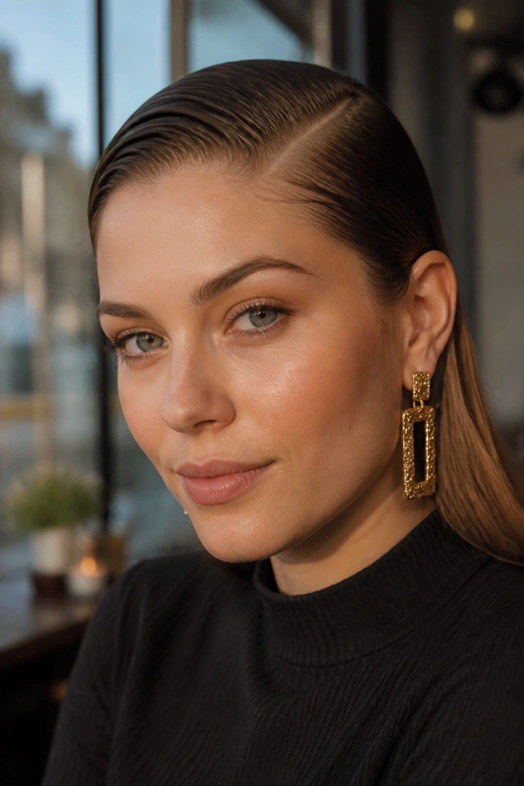Portrait of a woman with a deep side-part slick-back hairstyle.