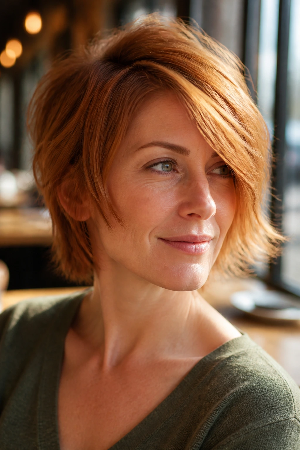Close-up portrait of a real woman with deep side-part strawberry shag