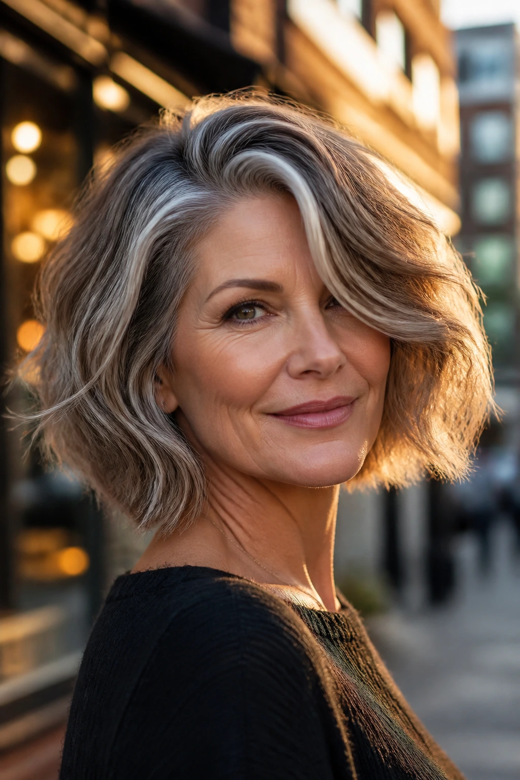 Close-up portrait of a real woman with a deep side-part and swept front pieces