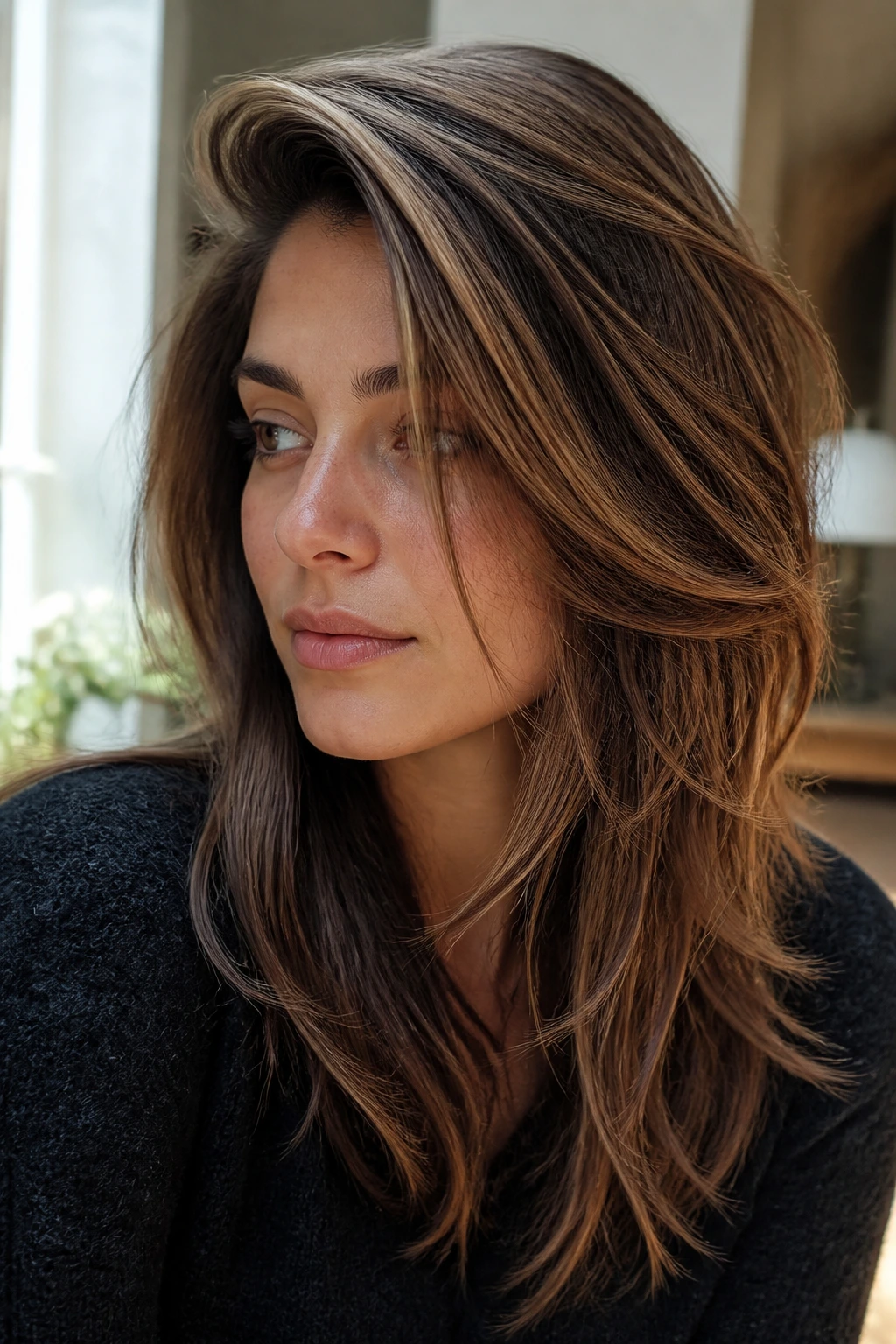 Portrait of a real person with deep side-part sweep layers framing the face