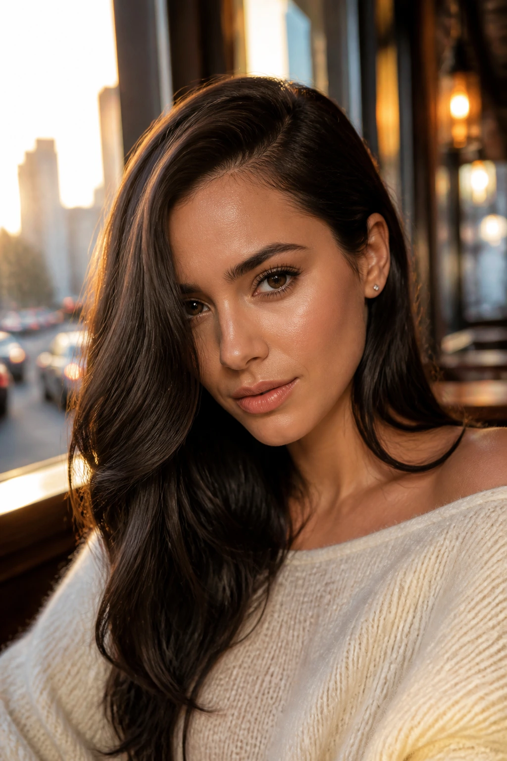Close-up portrait of a real woman with deep side-part sweep hairstyle in a cozy cafe setting