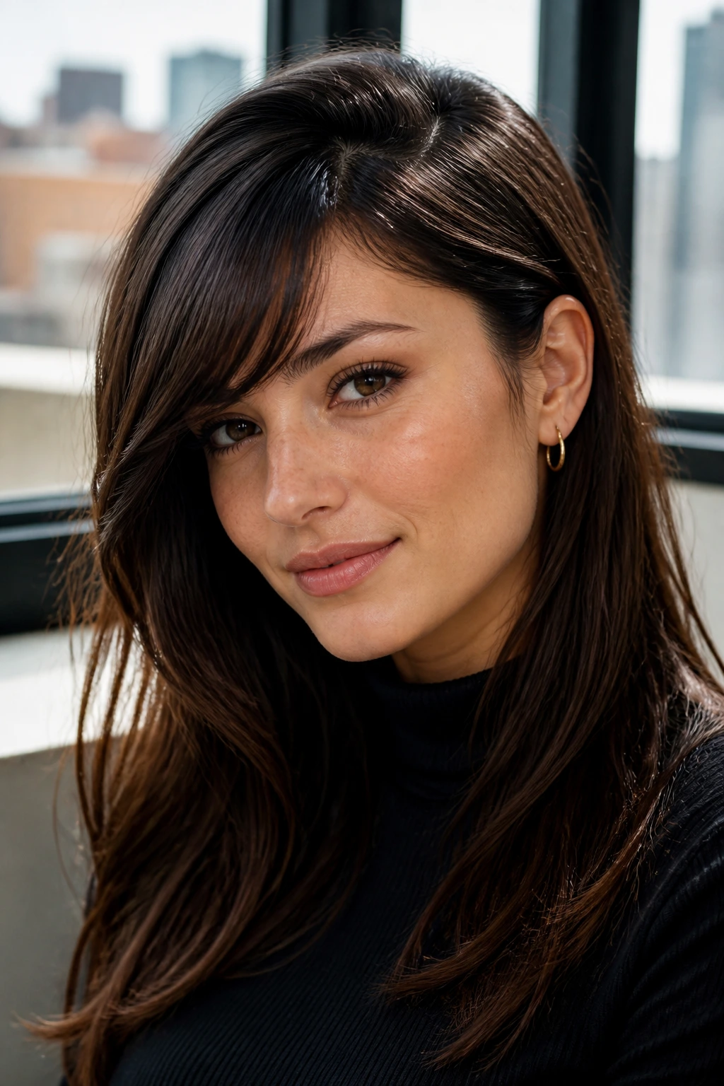 Portrait of a woman with deep side part and swooped bangs
