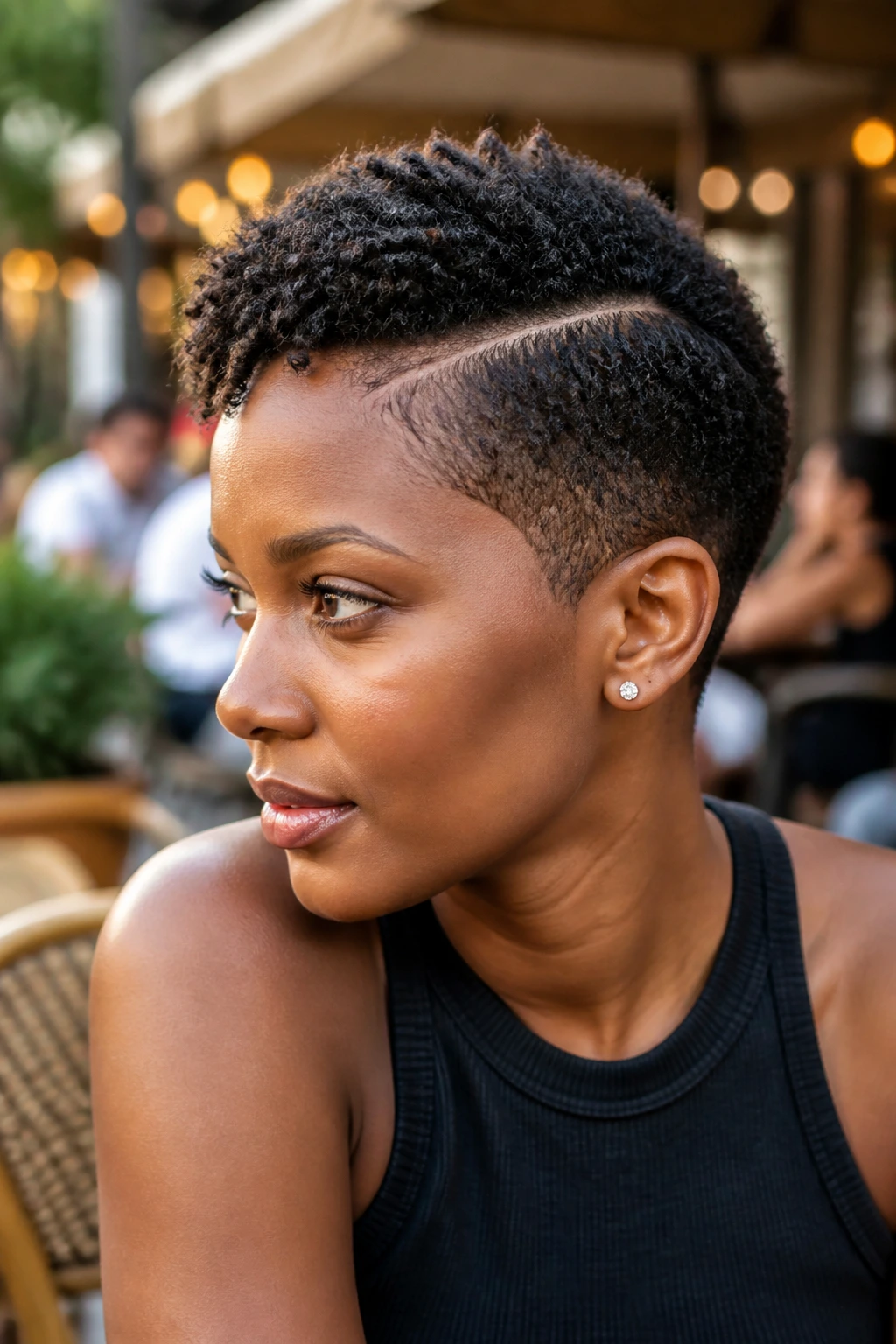 Close-up portrait of a Black woman with a deep side part on short natural curls and tapered sides
