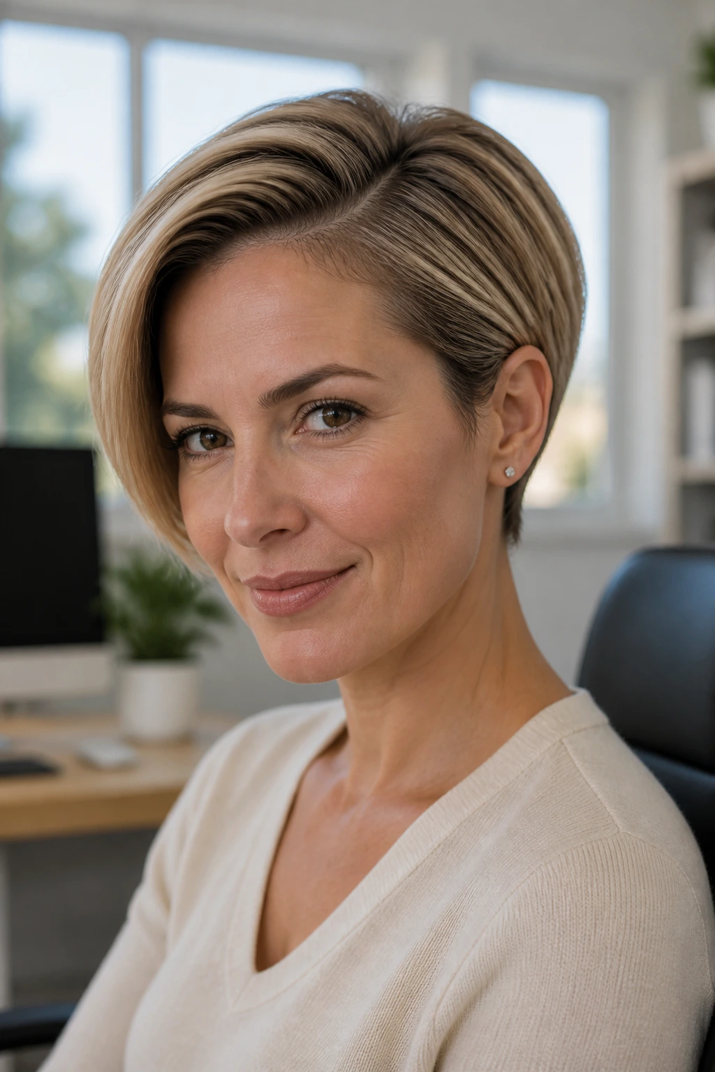 Close-up portrait of a person with a deep side part and tapered back hairstyle